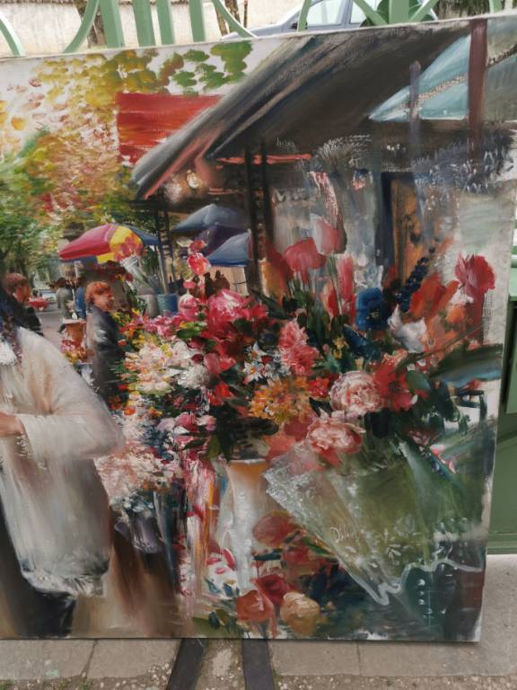 No - 457 - Huile sur toile -  Marché aux fleurs  grande dimensions  120cm X 150 cm | Puces Privées
