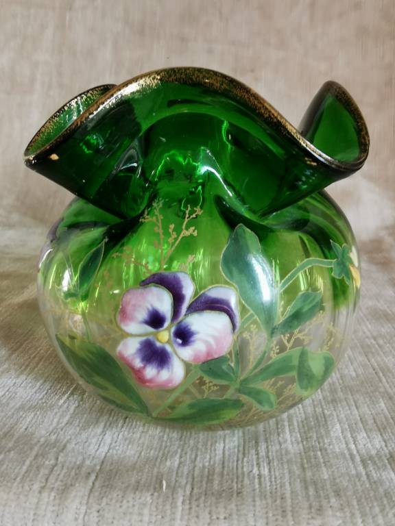 No - 480 - Vase ancien en verre décor émaillé de pensées , époque 1900 type Legras non signé . | Puces Privées