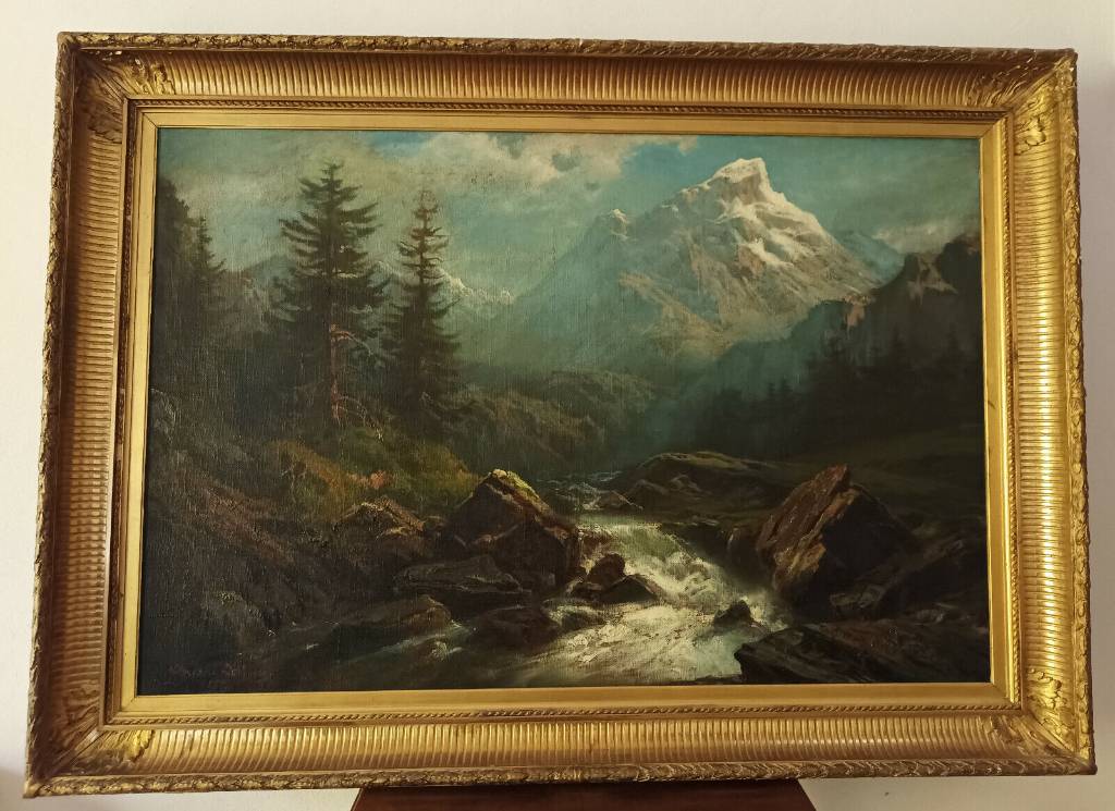 Théodore Levigne (1848-1912) Hule sur toile Paysage Alpes Suisses | Puces Privées