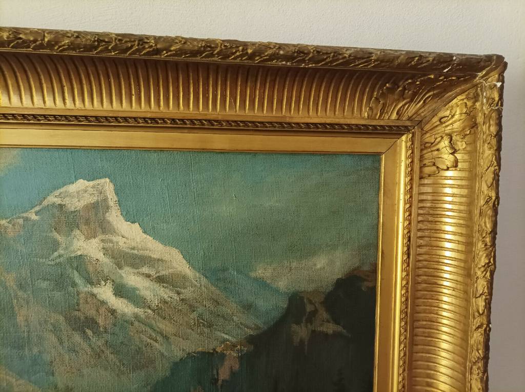 Théodore Levigne (1848-1912) Hule sur toile Paysage Alpes Suisses | Puces Privées
