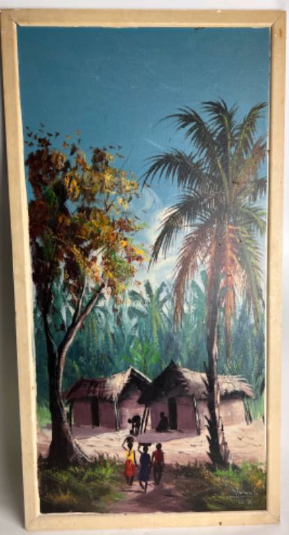 Paysage scène animée d'Afrique, huile sur panneau . Style vintage années 60 | Puces Privées