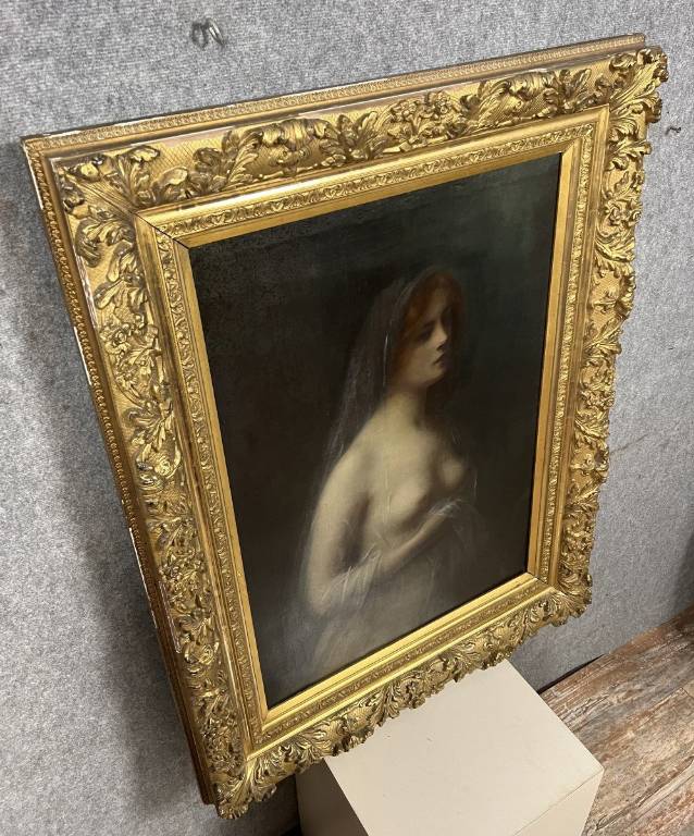 Henri RONDEL (1857-1919) : Important tableau époque Art Nouveau représentant une jeune femme vers 1890-1900 | Puces Privées