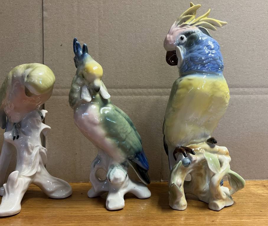 Réunion de 4 oiseaux, perroquet, perruche en porcelaine Allemande polychrome | Puces Privées