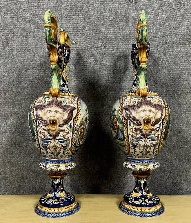 Gaetano Battaglia (1850-1885) : paire de très grands vases en faïence émaillée époque XIXeme (h82cm) | Puces Privées
