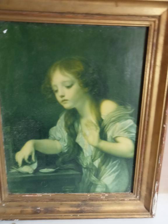 tableau ancien peinture à huile reproduction  la fille et l'oiseau 31 cm x 37 cm | Puces Privées