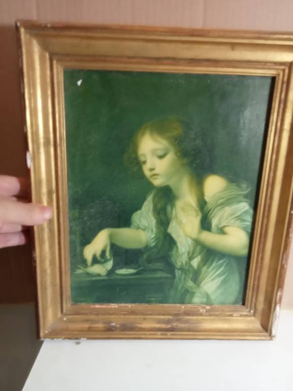 tableau ancien peinture à huile reproduction  la fille et l'oiseau 31 cm x 37 cm | Puces Privées