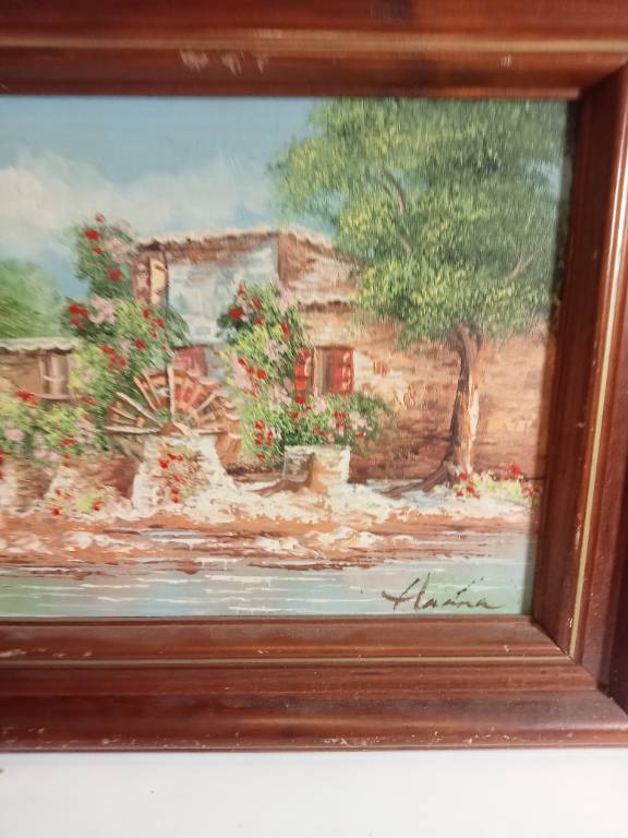 tableau ancien peinture à huile signé, moulin 37 cm x 32 cm | Puces Privées