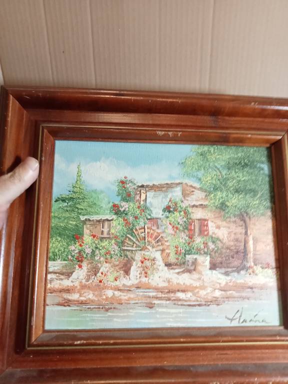 tableau ancien peinture à huile signé, moulin 37 cm x 32 cm | Puces Privées