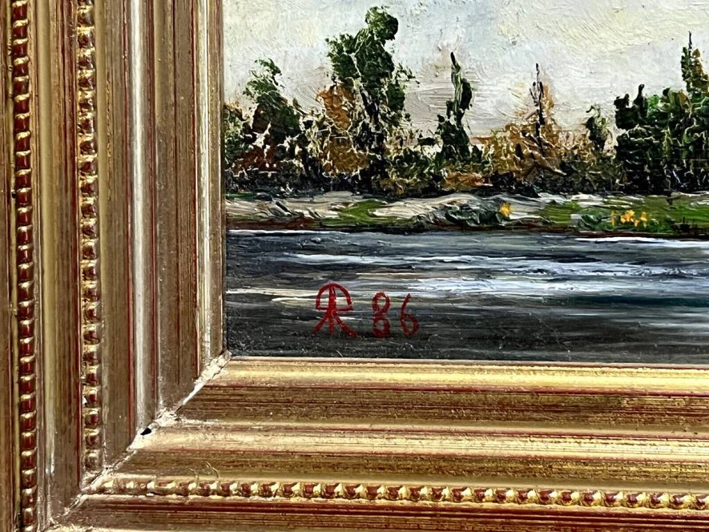 huile sur cuivre figurant un paysage en bord de rivière époque XXeme | Puces Privées