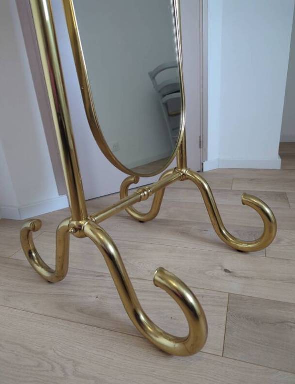 Grand miroir psyché laiton sur pied  pivotant | Puces Privées