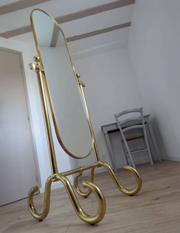 Grand miroir psyché laiton sur pied  pivotant | Puces Privées