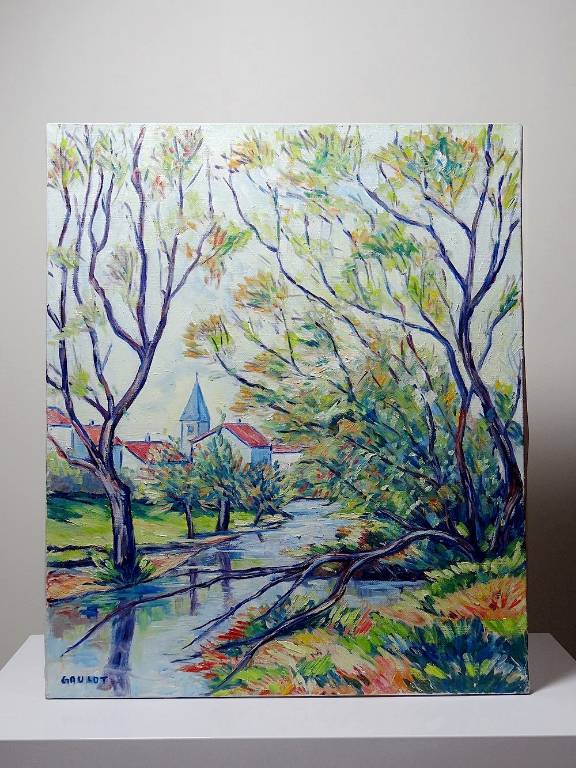 Tableau coloré paysage rivière et village huile sur toile vintage signé Gaulot | Puces Privées