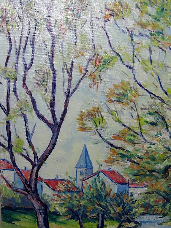 Tableau coloré paysage rivière et village huile sur toile vintage signé Gaulot | Puces Privées