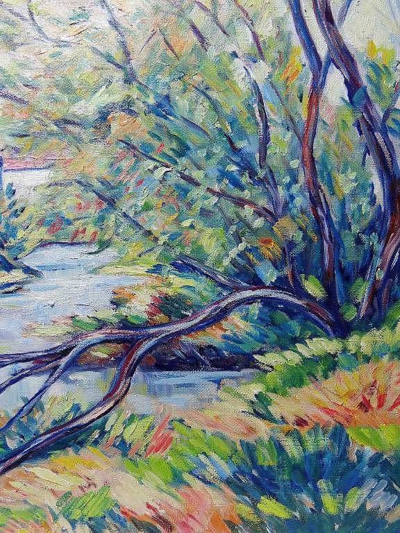Tableau coloré paysage rivière et village huile sur toile vintage signé Gaulot | Puces Privées