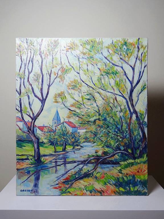 Tableau coloré paysage rivière et village huile sur toile vintage signé Gaulot | Puces Privées