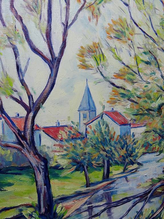 Tableau coloré paysage rivière et village huile sur toile vintage signé Gaulot | Puces Privées