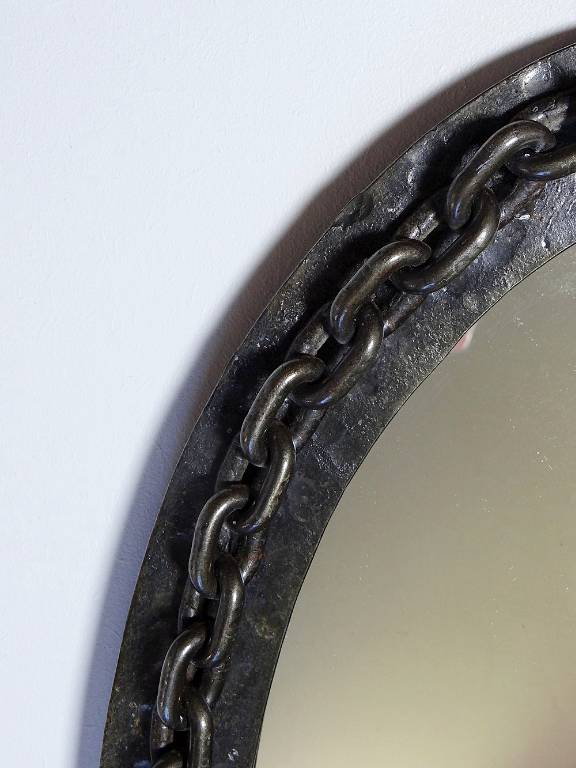 Miroir mural ovale vintage années 60 fer forgé et battu brutaliste chaine | Puces Privées