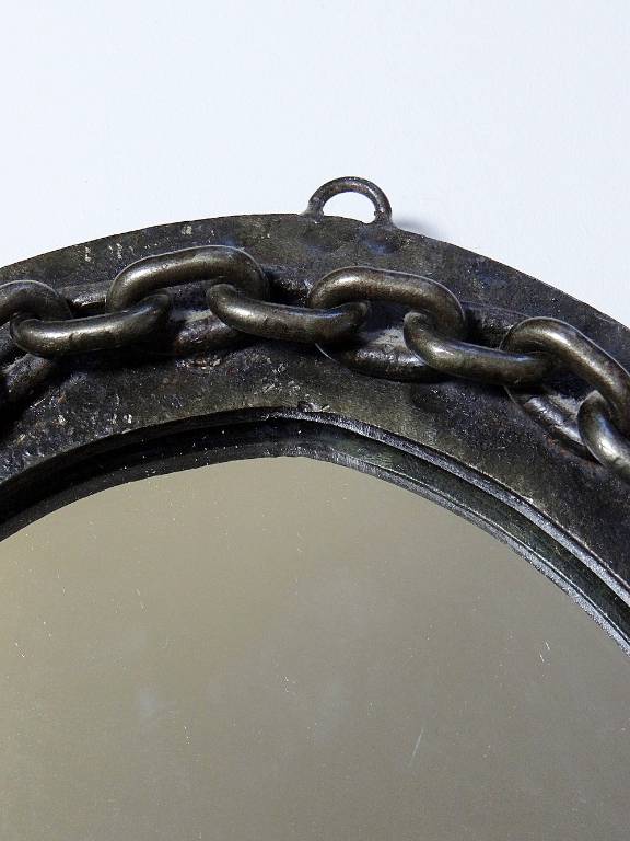 Miroir mural ovale vintage années 60 fer forgé et battu brutaliste chaine | Puces Privées