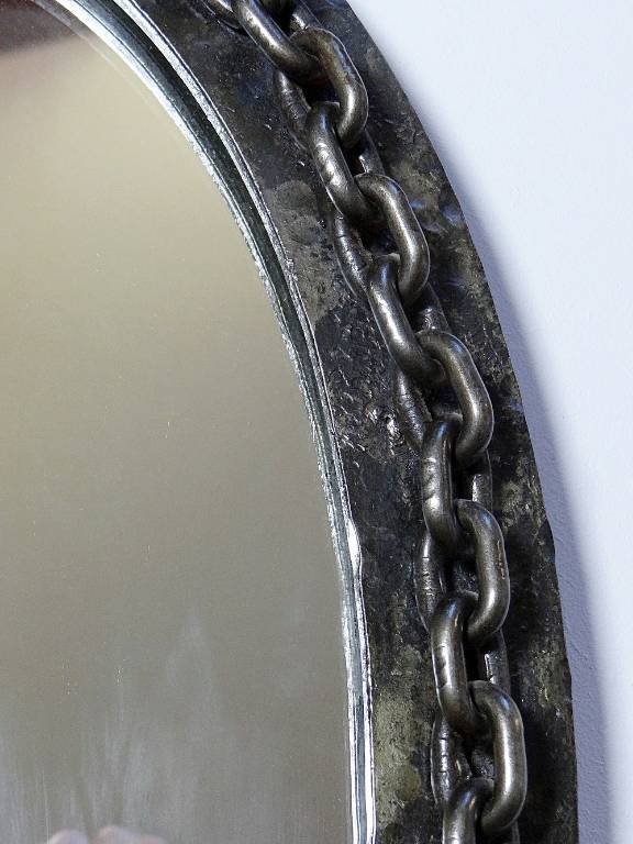 Miroir mural ovale vintage années 60 fer forgé et battu brutaliste chaine | Puces Privées
