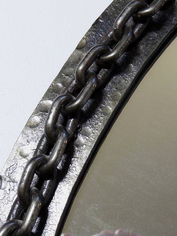 Miroir mural ovale vintage années 60 fer forgé et battu brutaliste chaine | Puces Privées