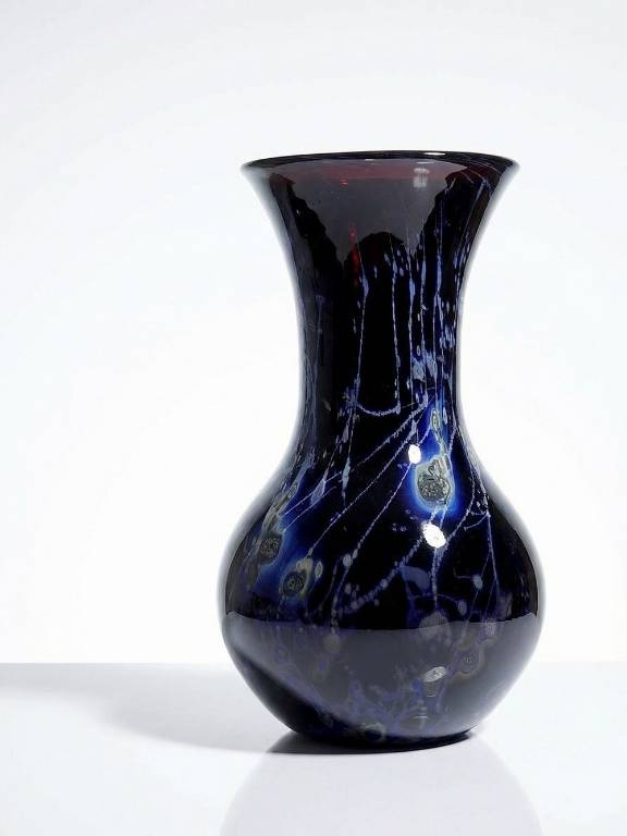 Grand vase verrerie d'art violet à inclusions paillerons d'argent vintage | Puces Privées