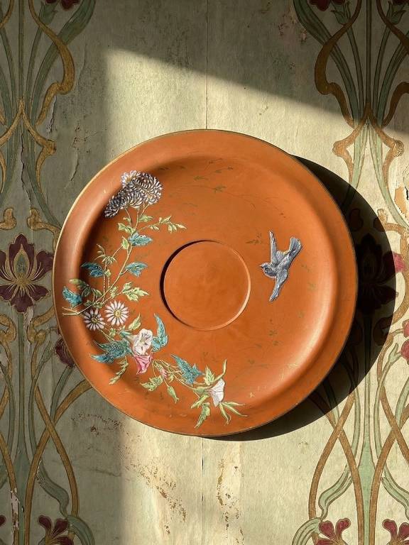 Grand plat argile/terre cuite ancien émaillage japonisant art nouveau | Puces Privées