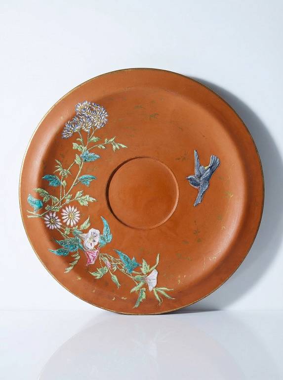 Grand plat argile/terre cuite ancien émaillage japonisant art nouveau | Puces Privées