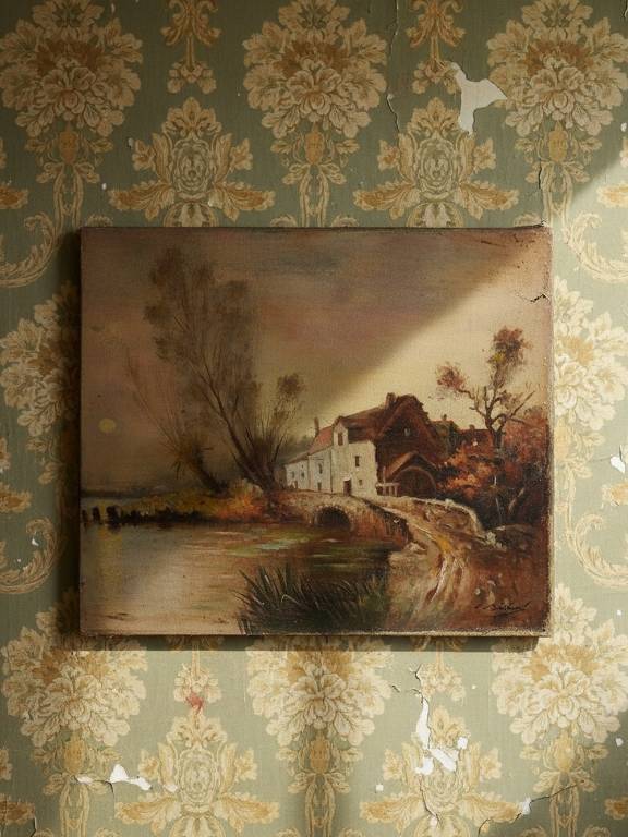 Grand tableau ferme sur étang ancien XIXe signature huile sur toile lin | Puces Privées