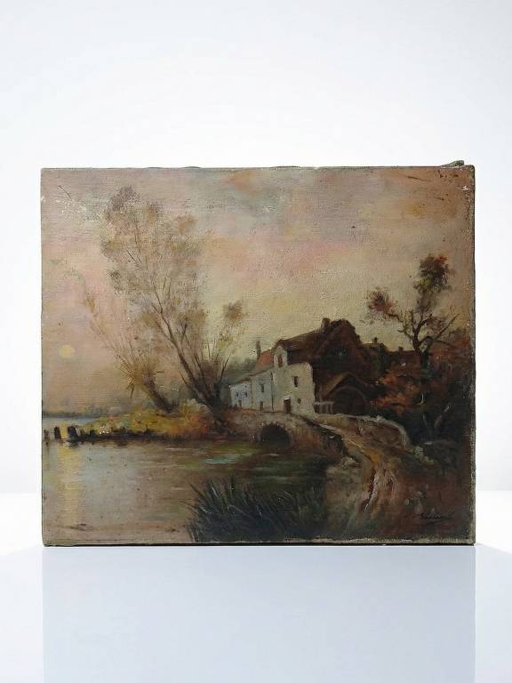 Grand tableau ferme sur étang ancien XIXe signature huile sur toile lin | Puces Privées