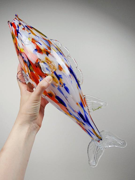 Gros poisson décoratif verre soufflé moucheté de Murano vintage | Puces Privées