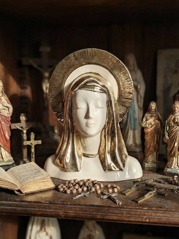 Buste Vierge auréolée céramique émaillée artisanat vintage/ancien | Puces Privées