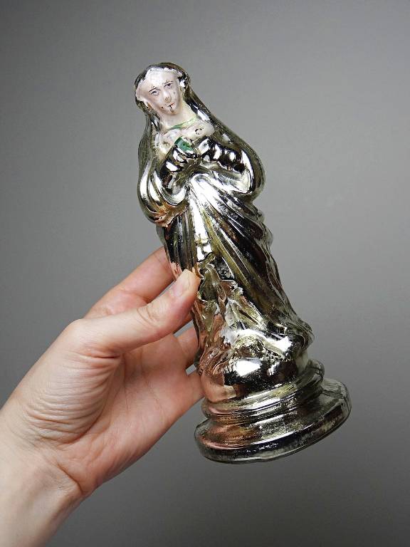 Ancienne petite vierge en verre églomisée polychrome XIXe | Puces Privées