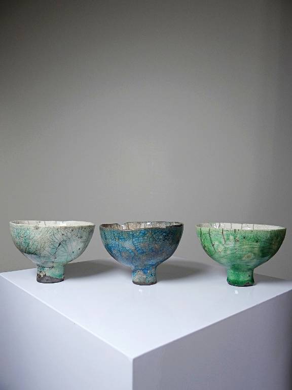 Trio de petits bols à pieds en raku artisanal vintages | Puces Privées