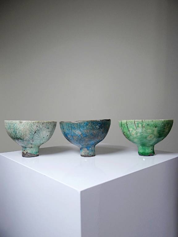 Trio de petits bols à pieds en raku artisanal vintages | Puces Privées