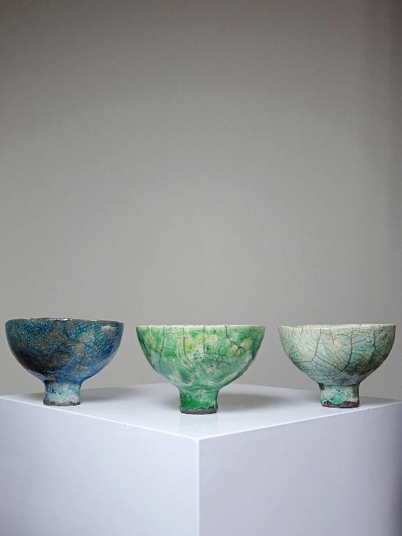 Trio de petits bols à pieds en raku artisanal vintages | Puces Privées
