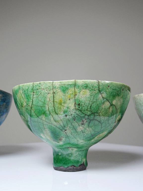 Trio de petits bols à pieds en raku artisanal vintages | Puces Privées