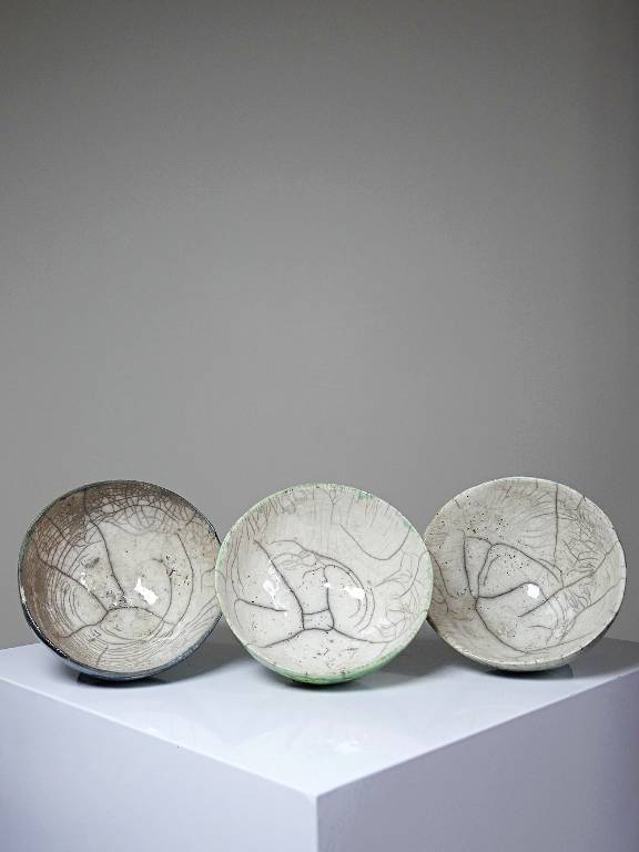 Trio de petits bols à pieds en raku artisanal vintages | Puces Privées