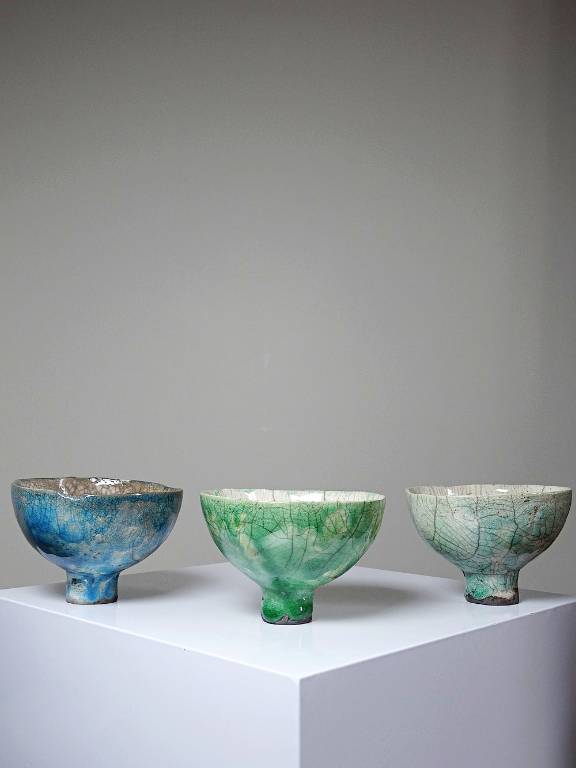 Trio de petits bols à pieds en raku artisanal vintages | Puces Privées