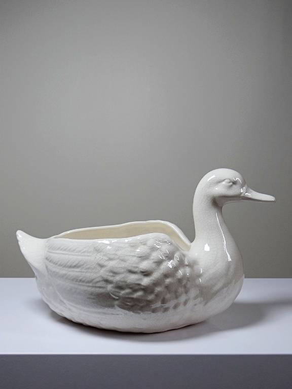 Cache pot/Coupe canard en faïence craquelée beige vintage | Puces Privées