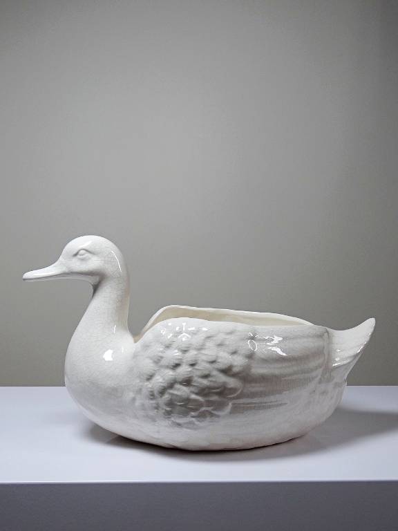 Cache pot/Coupe canard en faïence craquelée beige vintage | Puces Privées