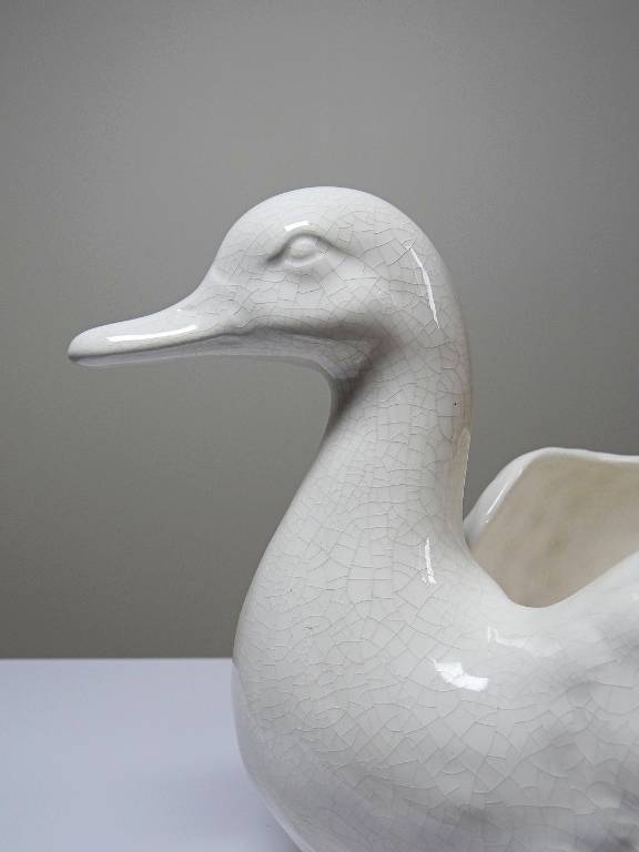 Cache pot/Coupe canard en faïence craquelée beige vintage | Puces Privées