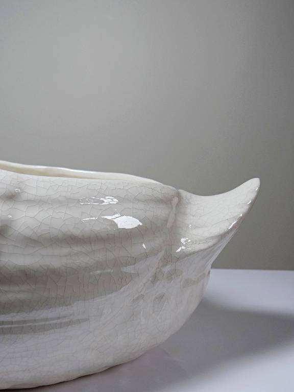 Cache pot/Coupe canard en faïence craquelée beige vintage | Puces Privées
