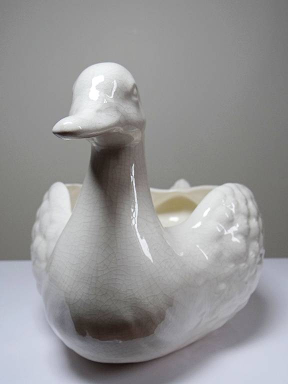 Cache pot/Coupe canard en faïence craquelée beige vintage | Puces Privées