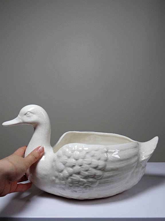 Cache pot/Coupe canard en faïence craquelée beige vintage | Puces Privées