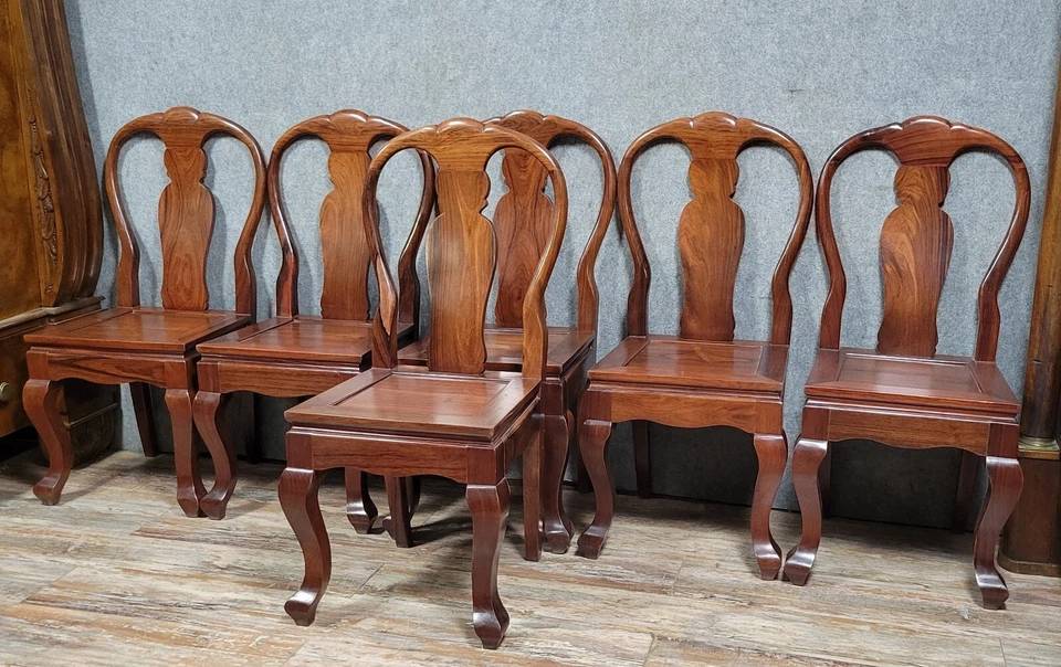 Asie XXeme: Série de 6 chaises en bois exotique massif vers 1940 | Puces Privées