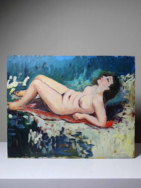 Tableau petit nu de femme allongée, style naïf huile sur panneau vintage | Puces Privées