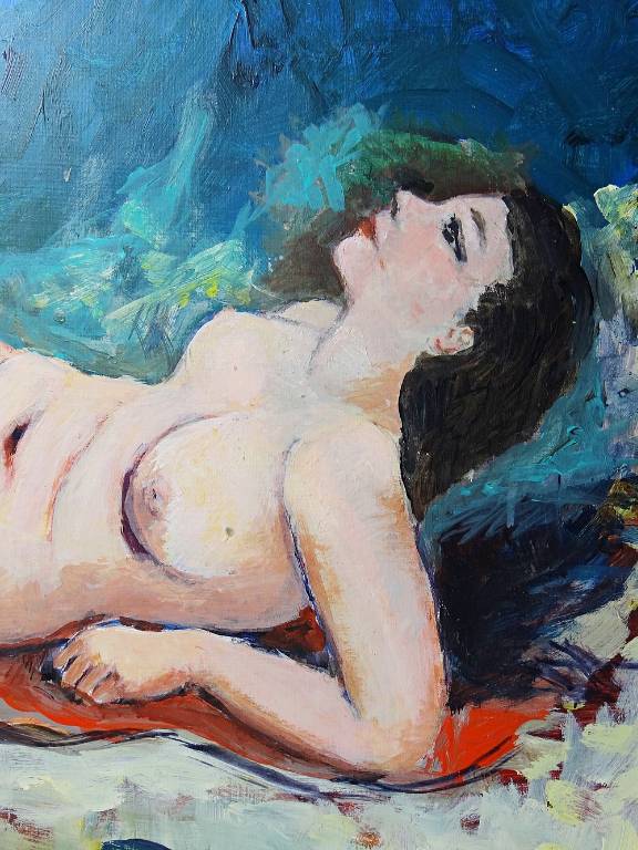 Tableau petit nu de femme allongée, style naïf huile sur panneau vintage | Puces Privées