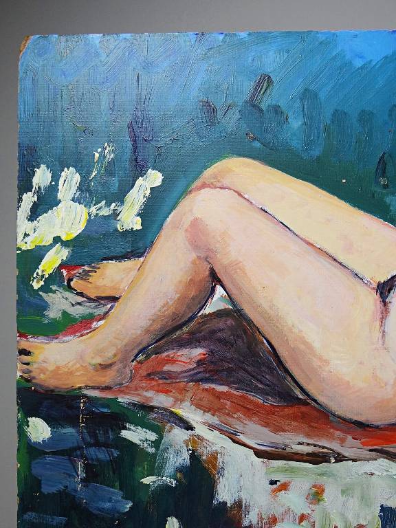 Tableau petit nu de femme allongée, style naïf huile sur panneau vintage | Puces Privées