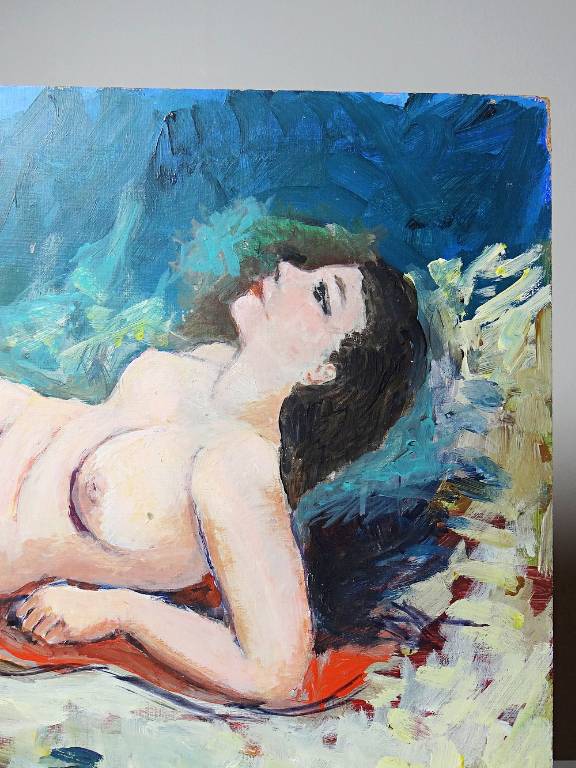 Tableau petit nu de femme allongée, style naïf huile sur panneau vintage | Puces Privées