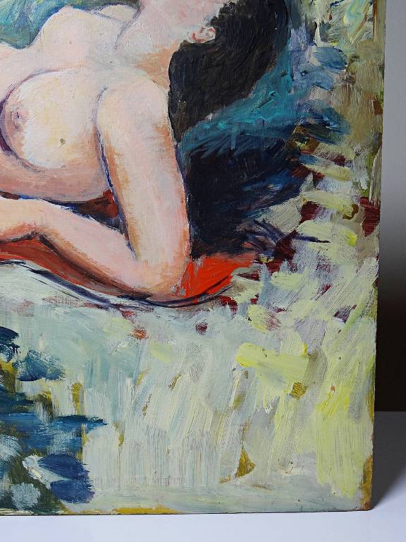 Tableau petit nu de femme allongée, style naïf huile sur panneau vintage | Puces Privées